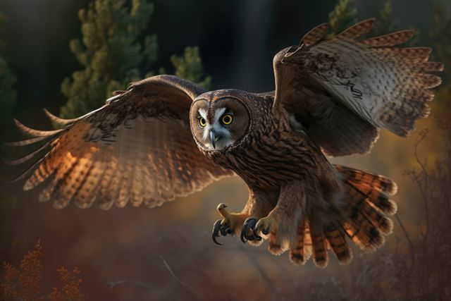 Owl swooping through forest with talons extended, flying low over vegetation, illuminated by golden sunlight. Can be used for wildlife photography, bird watching, nature documentaries, educational purposes, and inspirational posters focusing on nature's beauty and power.