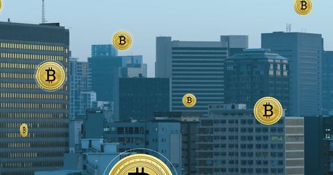 Cryptocurrency Bitcoins Over Modern Urban Skyline