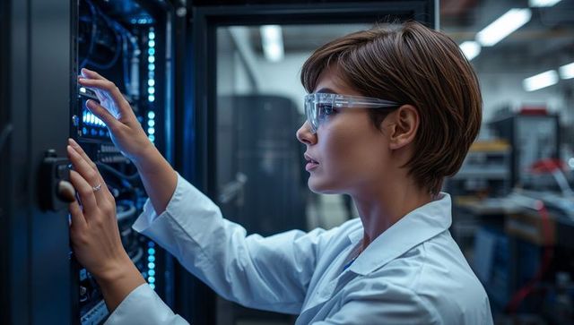 Female it technician adjusting server rack cables in datacenter wearing safety glasses and lab coat