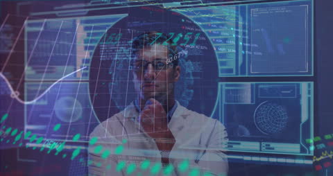 Innovative Scientist Analyzing Digital Data on Virtual Screens