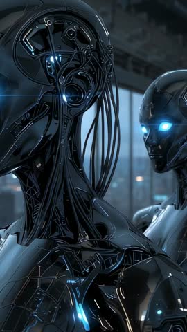 Vertical video panning across cybernetic androids with glowing blue eyes in futuristic lab