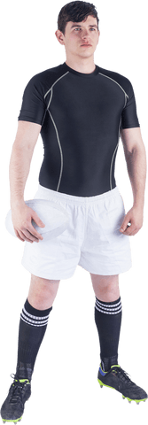 Athletic rugby player holding ball in transparent background