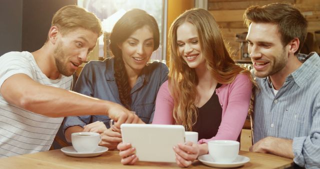 Group of Friends Enjoying Time Together with Tablet in Cafe - Download Free Stock Images Pikwizard.com