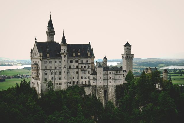 Stunning view of Neuschwanstein Castle surrounded by lush green forest and set against a dramatic sky. Ideal for use in travel promotions, tourism advertisements, heritage articles, architectural reviews, and medieval-themed projects.