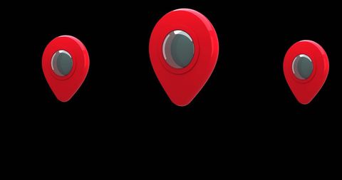 Three red map pin icons hovering on black background