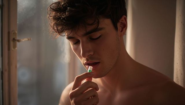Shirtless young man applying lip balm by frosted window during soft golden hour routine
