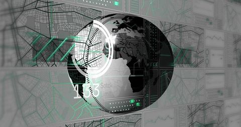 Global data dashboard visualizing geospatial analytics with concentric hud rings and maps