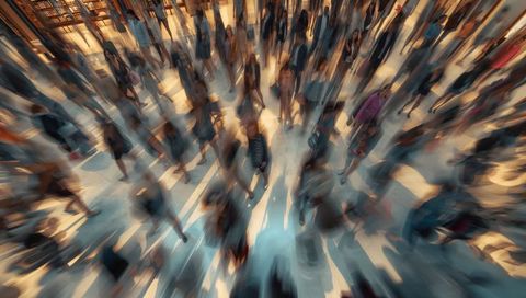 Top-down crowd moving through transit concourse with radial motion blur and long shadows