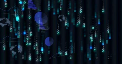 Streaming Binary Columns Flowing Through Neon Cyber Dashboard Abstract Network Visualization