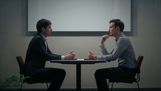 Two asian men having focused business discussion at round table in modern boardroom