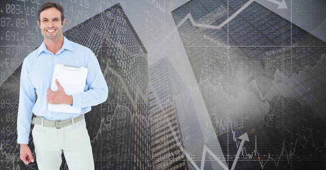 Digital composite of Happy businessman standing against stock data screen and buildings
