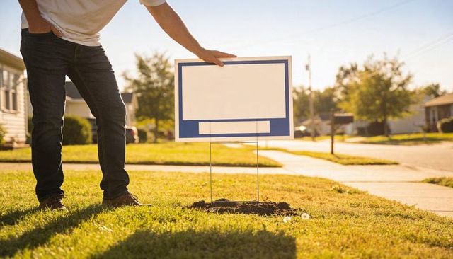 Man placing blank yard sign on suburban lawn during golden hour for marketing mockup