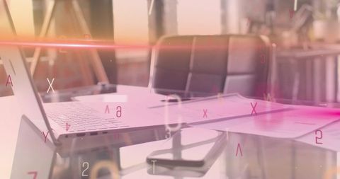 Modern glass office workspace featuring open laptop and documents with soft lens flare
