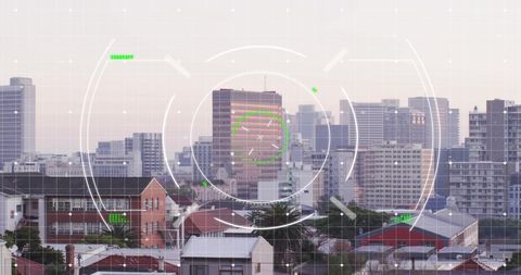 Cityscape with Abstract Digital Interface Circles Overlay