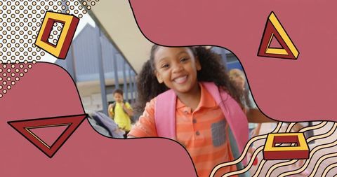 Smiling schoolgirl arriving at campus framed by playful pink graphic shapes for education