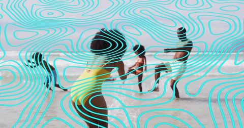 Family Enjoying Playful Moments at Beachside with Artistic Overlay