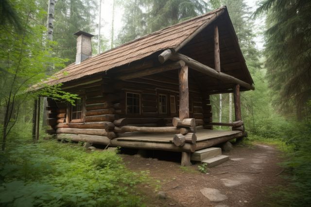 Log cabin with brown roof in nature surrounded by trees, created using generative ai technology. Log cabin, vacation and nature concept digitally generated image.
