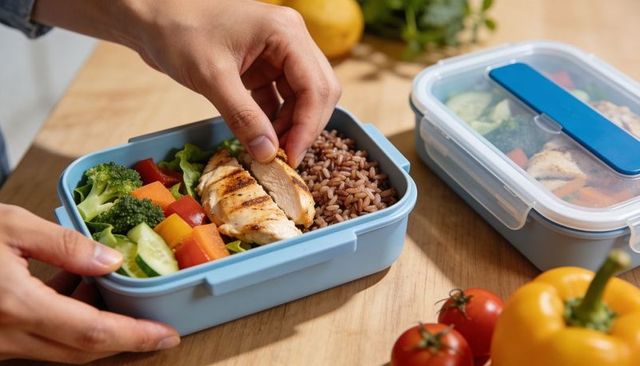 Hands placing grilled chicken into blue meal prep box with brown rice and fresh vegetables