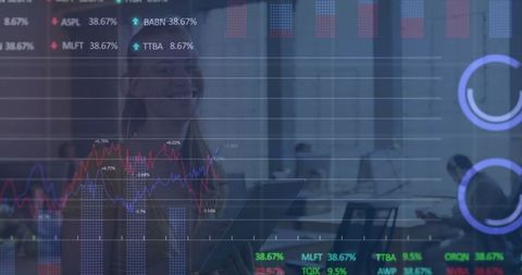 Smiling Businesswoman Analyzing Financial Data on Tablet in Modern Office