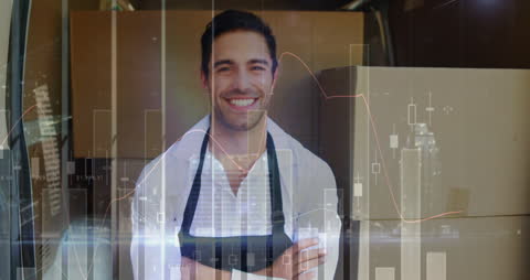 Smiling Courier with Financial Data Overlay