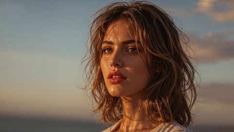 Beautiful lady at sunset by ocean, radiant and contemplative coastal scenery