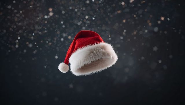Floating Santa Hat with Plush Fur and Sparkling Bokeh for Festive Holiday Design Graphics