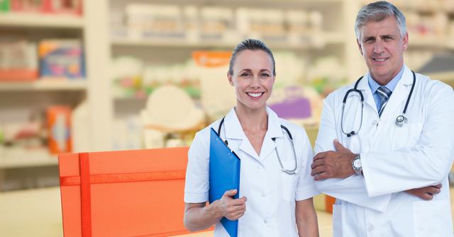 The image shows two doctors standing confidently in front of pharmacy shelves, both wearing white lab coats and stethoscopes. The woman doctor on the left is holding a blue clipboard and smiling, while the male doctor on the right is smiling with arms crossed. This image is ideal for healthcare advertisements, website content for medical practices, or promotional material for pharmacies and hospitals.