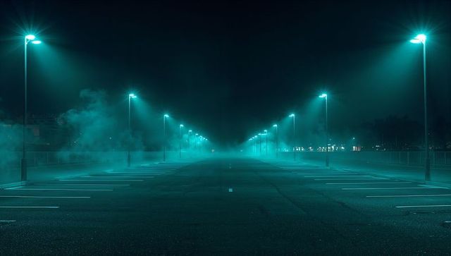 Neon teal empty parking lot at night with foggy streetlights and symmetrical leading lines