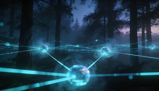 Glowing cyan network orbs connecting with luminous beams in foggy pine forest at twilight