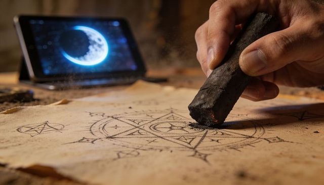 Hand sketching lunar sigil on parchment with charcoal and tablet moon