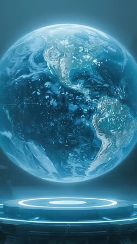 Projecting Earth Hologram Above Glowing Ring in Futuristic Data Lab Vertical Tech Video