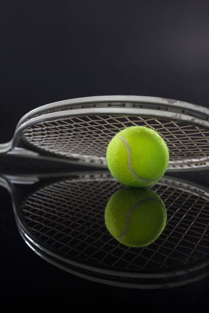 Symmetrical view of tennis racket on ball with reflection against black background
