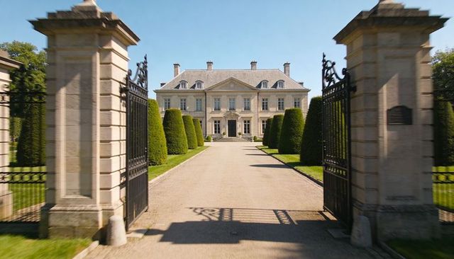 Grand stone manor with open iron gates and formal topiary-lined sunlit gravel driveway