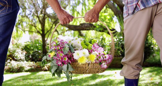 Close-Up of Senior Couple Holding Flower Basket in Garden - Download Free Stock Images Pikwizard.com