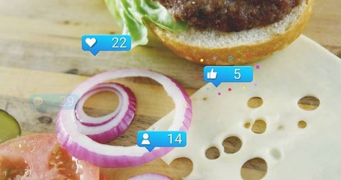 Flatlay burger ingredients with social media engagement overlays and likes