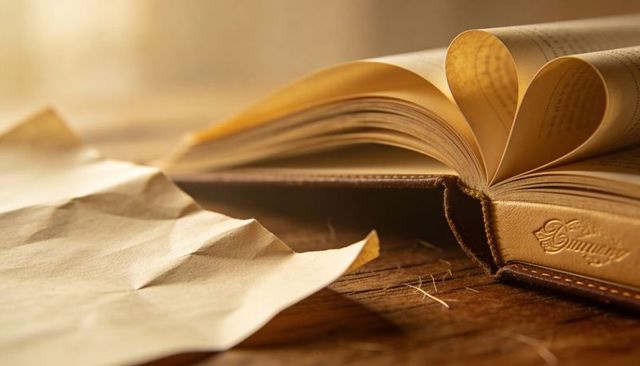 Vintage Leather Book Forming Heart-Shaped Pages on Rustic Wooden Table, Crumpled Parchment