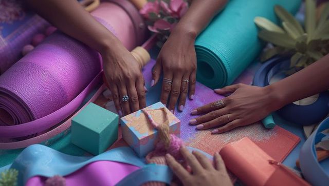 Hands Arranging Colorful Yoga Items in Studio Setting