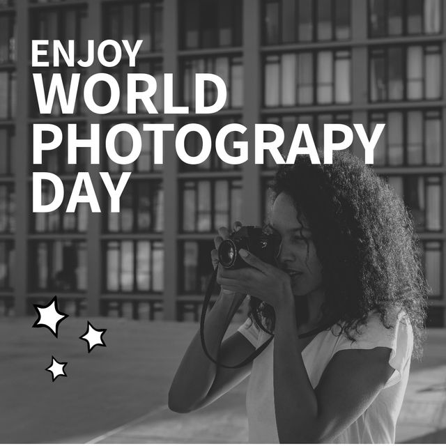 World photography day text banner against african american woman using digital camera at library. world photography day awareness concept