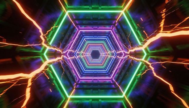 Pulsing neon hexagon tunnel with electric arcs and futuristic metallic ribs