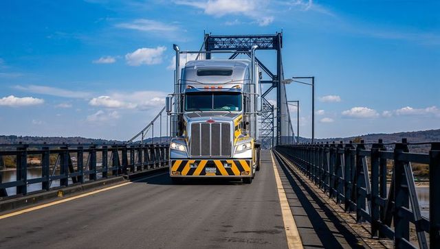 Longhaul semi truck crossing steel-truss bridge with striped hazard bumper, rural river highway