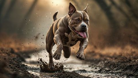 Pitbull leaping through muddy forest path