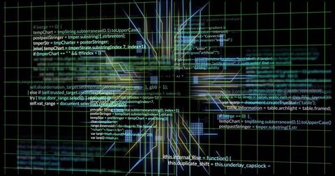 Displaying neon hud grid with glowing code blocks and holographic cyberpunk data interface
