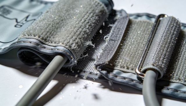 Frayed gray blood pressure cuff closeup showing velcro, tubing and textile texture