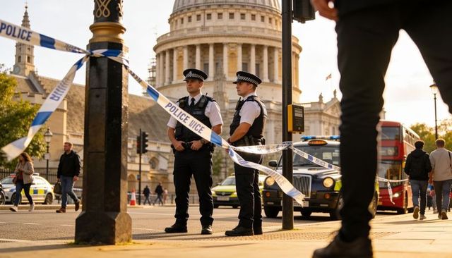 Two police officers standing guard outside domed cathedral with cordon tape and london bus