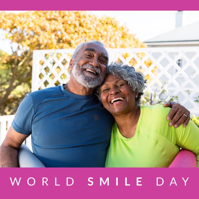 Composition of world smile day text over african american couple smiling on pink background. World smile day and celebration concept digitally generated image.