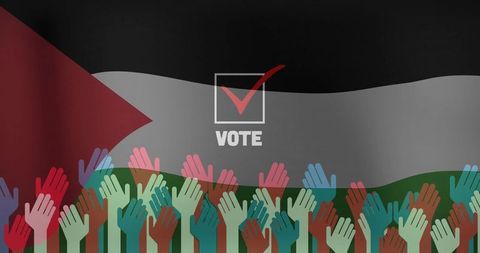 Raising hands voting over palestine flag with checked ballot for civic participation