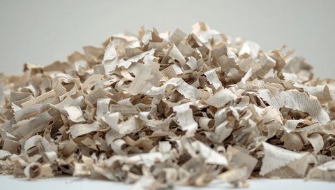 Pile of shredded book pages and paper strips on neutral tabletop for texture use