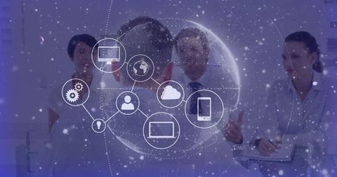 Business team engaging with digital networking globe in corporate setting