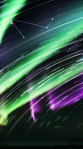 Vertical timelapse aurora curtains drifting over star trails with constellation overlay