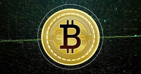 Golden bitcoin coin rotating above neon market chart, futuristic cryptocurrency analytics